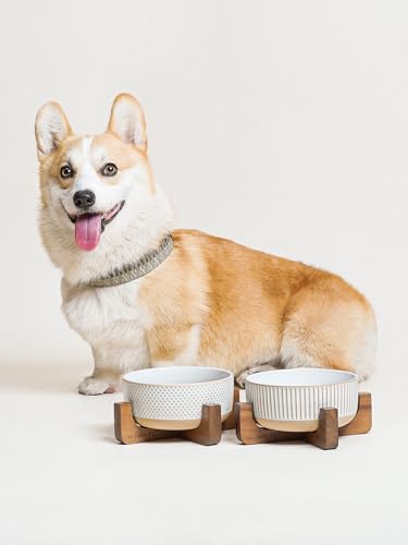 LE TAUCI PET Ceramic Dog Bowls for Medium Small Dogs - 4 Cup Medium Dog Food and Water Bowls with Wood Stand, Cute Pet Dishes Set of 2, Lines+Dot - Thumbnail 5
