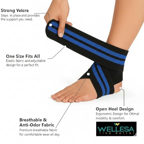 Image of WELLESA Orthowrap Ankle Support Brace | Free Size - Single (Blue) | Compression Wrap for Ankle Sprain | Swelling & Foot Pain Relief | Ankle Stabilizer for Sports, Running, Gym & Injury Recovery