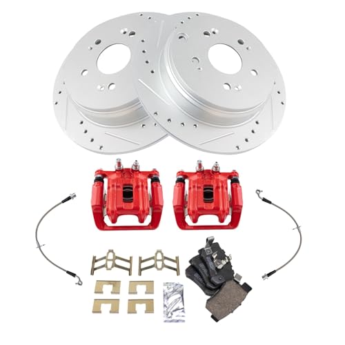 Image of TRQ Performance Rear Brake Pad and Rotor Set Ceramic Slotted Drilled Coated