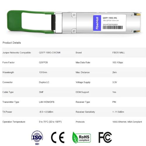 Image of 100G QSFP28 CWDM4 for Juniper Networks QSFP-100G-CWDM4,100GBASE-CWDM4,QSFP28 Optical Transceiver Module 1310nm 2km LC SMF DOM