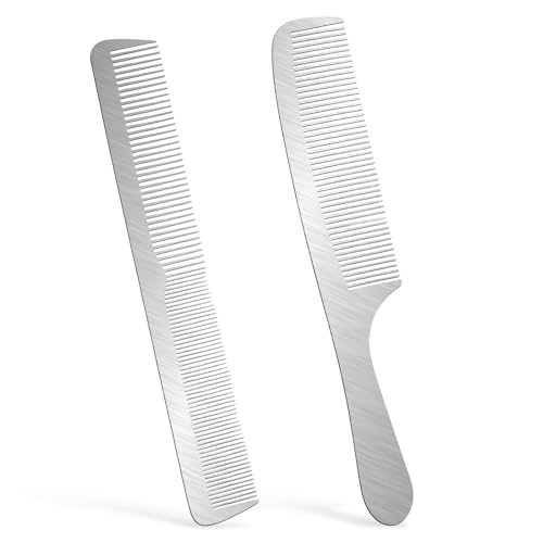 2Pcs Stainless Steel Metal Comb Set, Anti-Static Heat-Resistant Unbreakable Hair Styling Combs, Fine Tooth Cutting Comb, Salon-Grade Barber Tools for Men Women Hairdressing, Detangling (Silver)