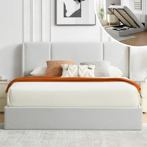 VELOCAVA Queen Size Hydraulic Lift Storage Bed, Light Gray Velvet...
