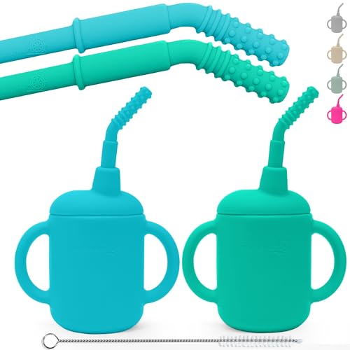 Image of Little Skipper Baby Straw Cups 6-12 Months 2 Pack. 4oz Silicone Sippy Cup with No-Pull Straw Stopper. Teething Bumps Straw Cup for 6 Month Old Baby. Soft Transition Cup Infant Sippy Cups 6-12 Months