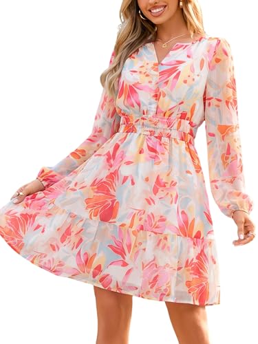 Image of Simplee Womens Spring Floral Mini Dress Long Sleeve Boho Chiffon Short Dress Casual Flowy Fall Wedding Guest Dresses