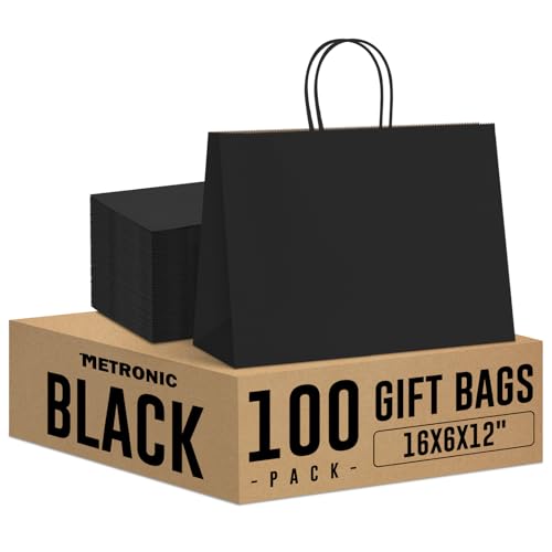 METRONIC 100 Pack 16X6X12 Large Black Paper Gift Bags, Kraft Shopping Bag with Handles for Small Business, Boutique, Gift Wrap, Bulk