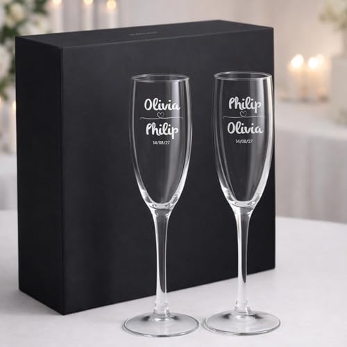 Imagen de Wanapix Pack de 2 Copas de Cava Personalizada Estuche de Regalo Incluido Copa de Champagne Cristal Grabada a Láser Boda
