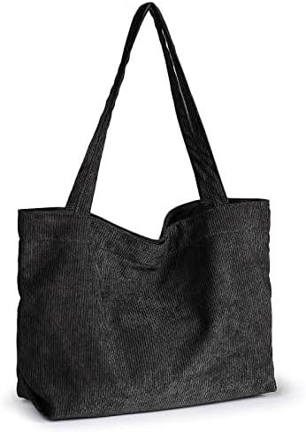 Sightor Corduroy Tote Bag for Women Shoulder Bag Big Capacity Shopping Bag Casual Handbags (Black)