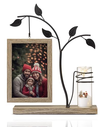 Afuly Bilderrahmen 10x15 Holz Vintage Fotorahmen Natur Braun Picture Frame mit Vase und Metall Baum Tisch Deko Geburtstag Umzug Graduation Hochzeit...