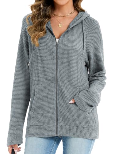 Lallabai-AMZ-US Womens Waffle Knit Full Zip Up Hoodie Long Sleeve Sweatshirt Tops