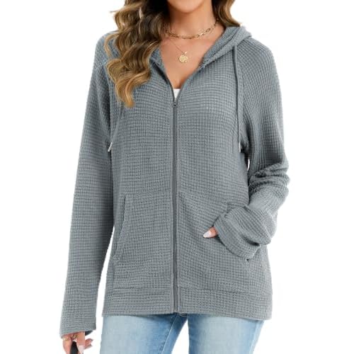 Womens Waffle Knit Full Zip Up Hoodie Long Sleeve Sweatshirt Tops