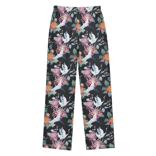 Crane Chrysanthemum Floral Boys Long Pants Soft Trousers Elastic Waist Kids Lounge Bottoms with Pockets S-XL