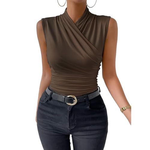 YNIQUE Camiseta de Verano para Mujer Chaleco sin Mangas Cuello en V Cruzadas en el Frente Recortado Crop Top Elegantes AjustadoTops para Fiesta Club