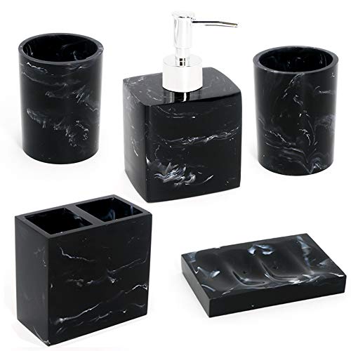 Resin 5pcs Bathroom Accessory Set - Tumbler, Soap Dish, Liquid Soap Dispenser, Toothbrush Holder, Black