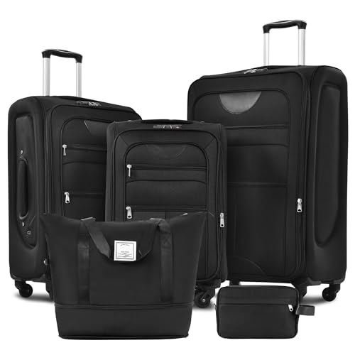 Expandable 3 Piece Luggage Set with Duffel Bag and Spinner Wheels, Lightweight Softshell Suitcase, Black