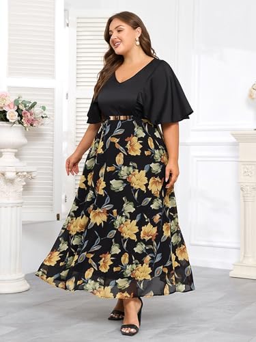 Plus Size Formal Dresses for Women - 2025 Spring Vintage Floral Maxi Dress with Belt and Pockets, Cocktail Dress Evening Gown4