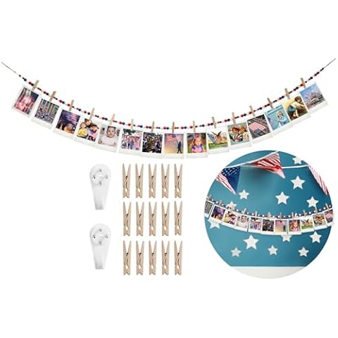 Patriotic Hanging Photo Display Wall Decor w/15 Wood Clips, YuanDe 67 Inches 4th of July American Wooden Beads Collage Picture Frame Photos DIY, Photo Hanger for Independence Day Wall Decor Gift(1PCS) Cover