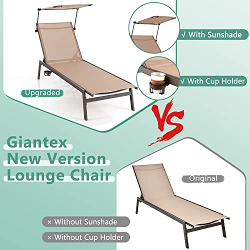 Giantex Outdoor Chaise Lounge Chair- Tanning Chair With Sunshade, 6 Adjustable Position, Sturdy Metal Frame, Cup Holder, Outside Lounger For Poolside, Backyard Sunbathing Chair (1, Brown) #TOP1