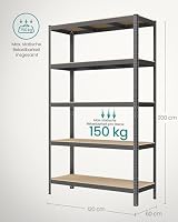 SONGMICS Schwerlastregal, Kellerregal, Lagerregal, 60 x 120 x 200 cm, Regal mit Stahlgestell, bis 750 kg belastbar, 5 verstellbare Ablage, grau GLR060G01 – Ansicht 3