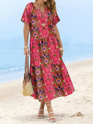Yousify Womens 2026 Summer Maxi Dresses Short Sleeve Boho Beach Shirt Dresses Loose Vacation Outfits Sundresses Rose Red — view 5