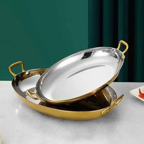 Polished Stainless Steel Oval Paella Pan - Nonstick Seafood Cooking Pot with Dual Handles for Home Kitchen - Perfect for Authentic Spanish Paella & Seafood Dishes