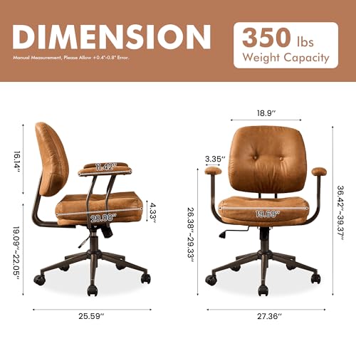 Image of Leather Home Office Chair, Mid Back Ergonomic Desk Chair with Lumbar Support, Mid Century Modern Deep Seat Swivel Rocking Computer Chair, Brown