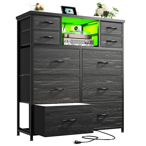 Romorgniz Black Dresser for Bedroom with LED Lights & Power Outlets 2 AC & 2 USB, Fabric 10 Drawer...
