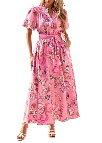 Image of KIRUNDO Women Spring Summer Wedding Guest Boho Floral Maxi Dress Puff Sleeve Button Shirt V Neck Flowy Beach Vacation Dress