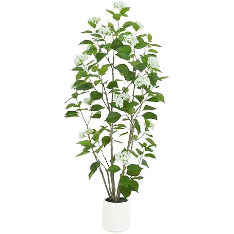 6ft Artificial Hydrangea Tree, Fake Floral Plant with 60 White Flowers & Realistic Trunk in White Decorative Planter, Faux Plants for Indoor & Outdoor, Office and Living Room Decor Cover