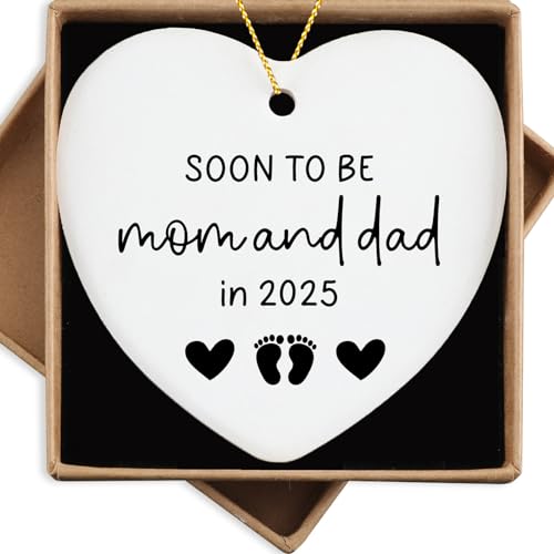 Image of Pwrlveiut Heart Shaped Ceramic Ornament Keepsake Sign Mom and Dad to Be Gift Pregnancy Gifts for New Parents Expecting Mom Dad Gift, White
