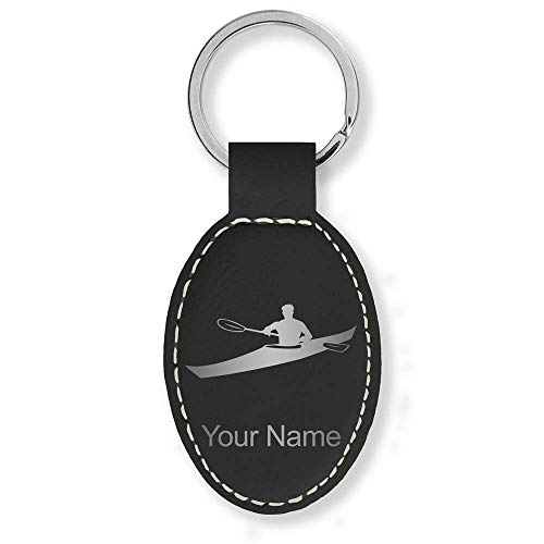 LaserGram Oval Keychain, Kayak Man, Personalized Engraving Included (Black with