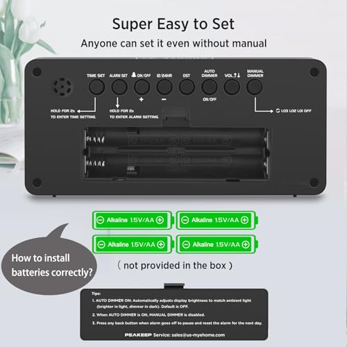 Image of Peakeep Battery Operated Digital Alarm Clock for Bedrooms - Cordless Large Big Numbers 4 Dimmers, Auto Dimming for Seniors, Adjustable Volume Loud Alarm Clock for Heavy Sleepers Adults (Green Digits)