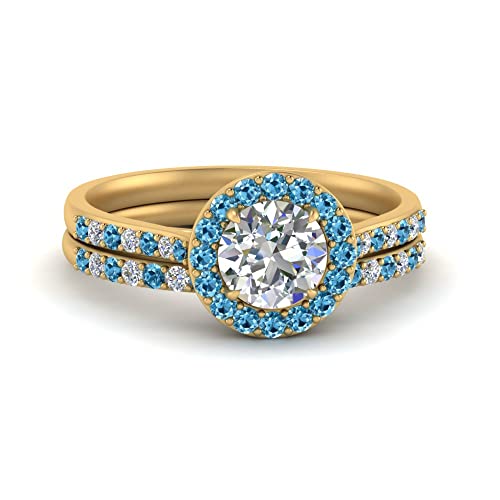 Image of Choose Your Gemstone Round Halo Ring with Matching Pave Band Yellow Gold Plated Round Shape Wedding Ring Sets Everyday Jewelry Wedding Jewelry Handmade Gifts for Wife US Size 4 to 12
