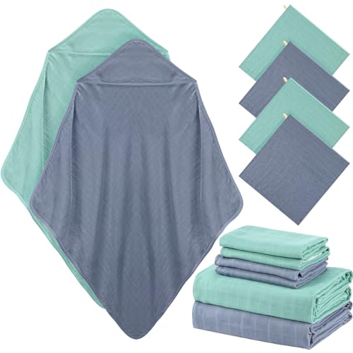 Image of Preboun 6 Pcs Muslin Hooded Baby Towels and Washcloths,Green,Blue