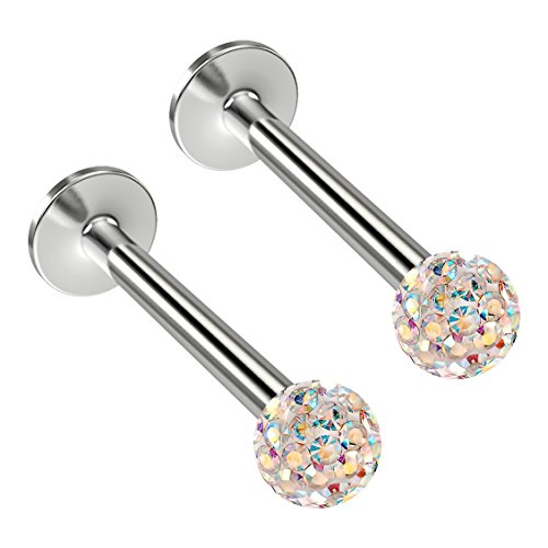 Bling Piercing 2pc 16g Aurora Borealis Labret Lip Stud Cystal Sparkly Glitter Surgical Steel Monroe Rings 10mm
