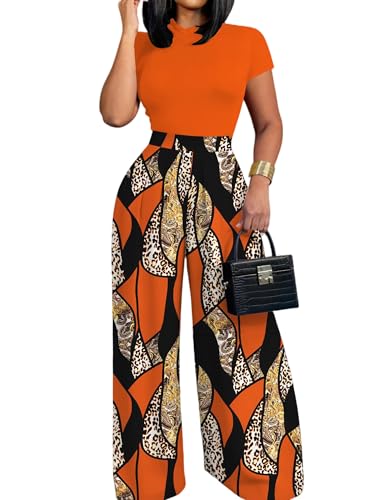 HBQ Women 2 Piece Outfits Short Sleeve Top and Flowy Flare Pants Lounge Sets Tracksuit M Orange Print