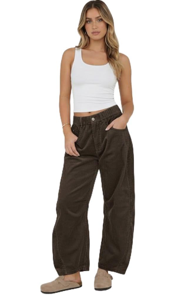 OctMoon Womens Corduroy Barrel Pants Mid-Rise Elastic Waist Wide Leg Baggy Trousers with Pockets
