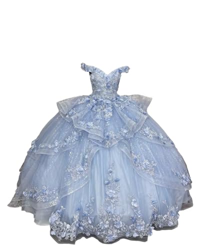 Puffy Ball Gown Floral 3D Flowers Lace Appliques Quinceanera Sweet 15 Dresses Sparkly 2025