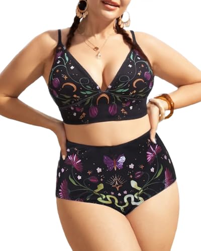 Women Bikini Set Two Piece High Waisted Tummy Control Bathing Swimsuit V Neck Witchy Celestial Floral Print Swimwear
