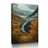 自然写真風光明媚なキャンバスウォールアート秋のリバーバレーミスティヒルズキャンバスプリントリビングルームダイニングルーム壁装飾写真30x42cmインナーフレーム