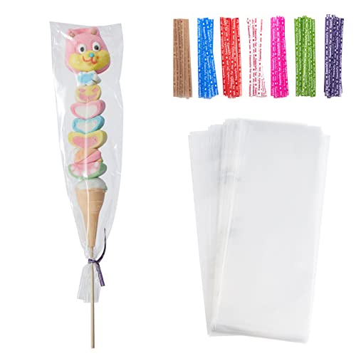 Tendwarm 100 Pcs 4x11 Inch Clear Long Candy Cello Cellophane Treat Bags with 7 Mix Colors Twist Ties Perfect for Birthday Favor Candles Pretzel Icy Candy Popsicle