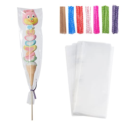 Tendwarm 100 Pcs 4x11 Inch Clear Long Cello Cellophane Treat Bags with 7 Mix Colors Twist Ties Perfect for Birthday Favor Candles Pretzel Icy Candy Popsicle