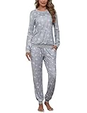 Prosoft&Hawiton Stars Above Pajamas Women Long Sleeve Cozy Sleepwear Ladies Soft Pjs Winter Loungewear Set Star Print Pink XL
