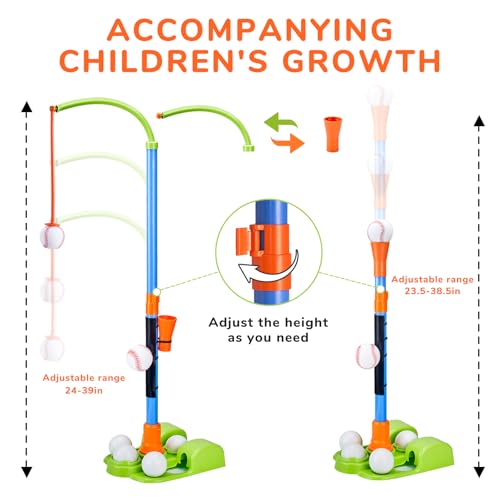 JoyCat 3-in-1 T Ball Set for Kids 3-5,Toddler Baseball Set-T Ball Stand,Hanging Tee,Auto Launcher,6 Balls-Adjustable Height Sports&Outdoor/Indoor Toys for 3 4 5 6 7 8 Year Old Boy Girl Birthday Gift
