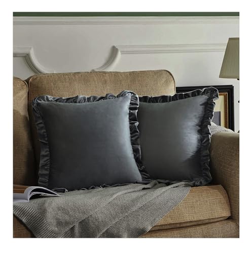 Image of Velvet Grey 20x20 Pillow Covers, Set of 5 Decorative Ruffle Cushoin Pillow Covers for Sofa Couch