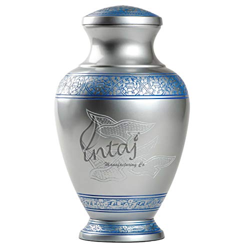 INTAJ Elite Cloud Blue and Silver Cremation Urn for Human Ashes - Adult Funeral Urn Handcrafted - Affordable Urn for Ashes - Large Urn Deal (Peaceful Blue Birds, Adult Urn - 200 Cu/in)