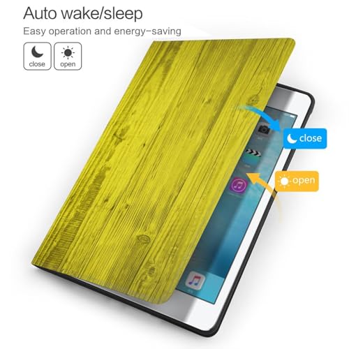 Étui iPad 9e génération jaune vif avec support pliable et grain de bois