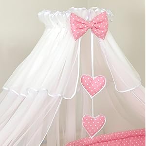 Pro Cosmo Hemel klamboe, 480 cm + houder voor babybed, baldakijn, bedhemel, hartjes, hemelstang, wit, roze met stippen