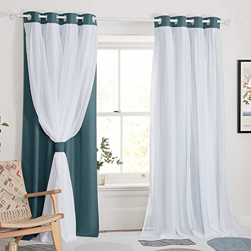 Image of PONY DANCE Nursery Curtains Pink, 52 x 84 inches, Slateblue, 2 Panels | Curtains for Bedroom Decor Aesthetic Cute Double Layer with Sheer Overlay Windows Covering