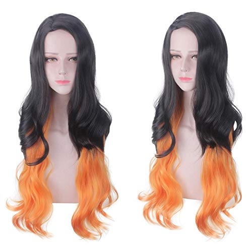 Peluca para anime Kamado Nezuko cosplay peluca negro mezclado naranja oscuro ondulado cabello Halloween Cosplay Pelucas + peluca gorra peluca