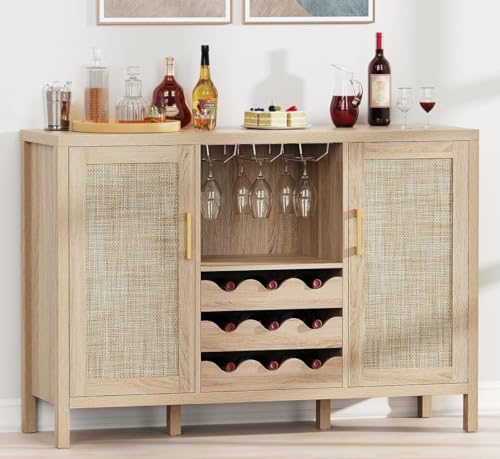 OTUTUMUS Rattan Wine Bar Cabinet, Boho Rattan Home Bar with Glass Holder and Drawer Style Racks, Oak...